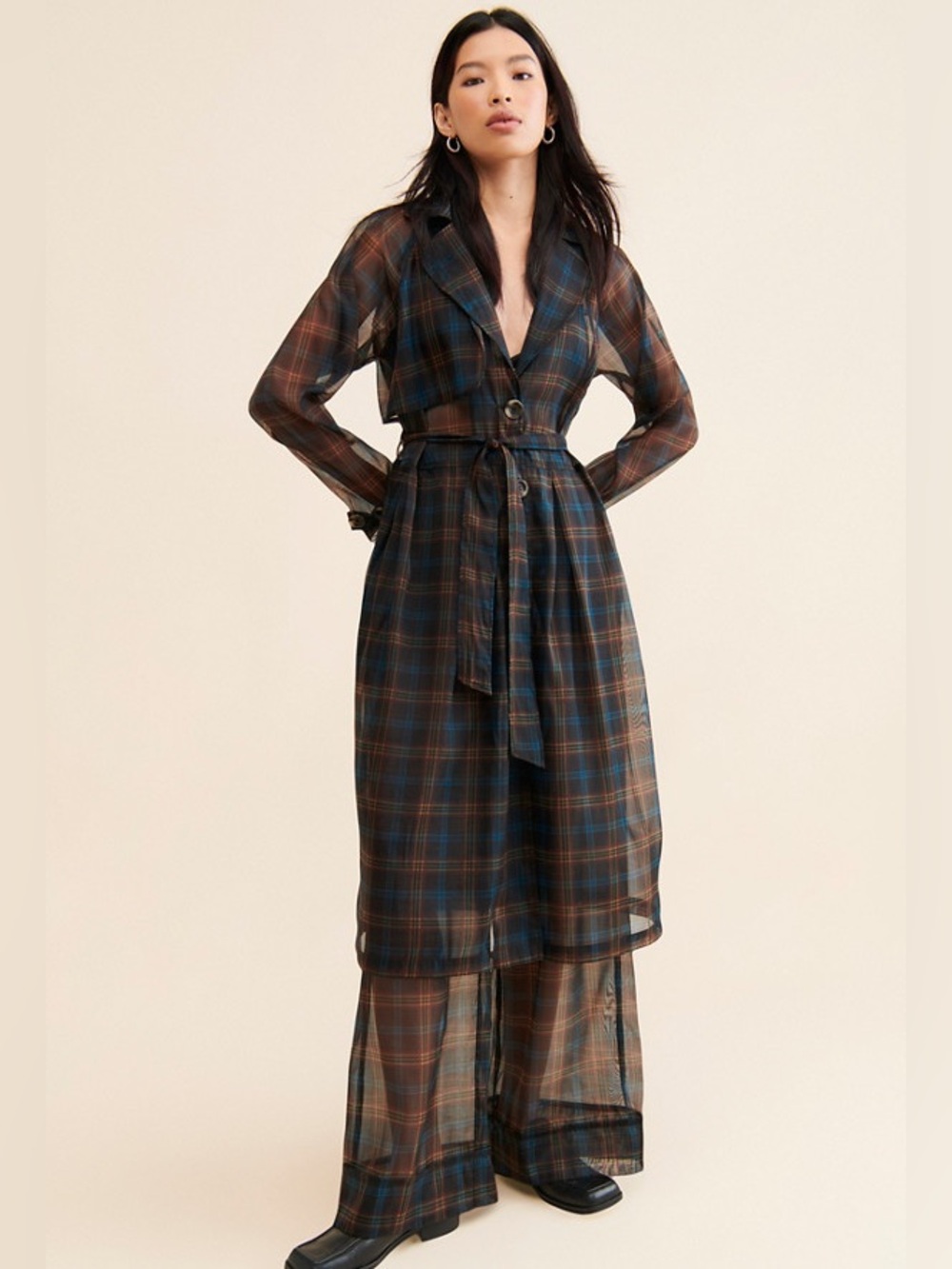 Porridge Sheer Plaid Pleated Trench Coat and Trousers 2 Piece Matching Set Small